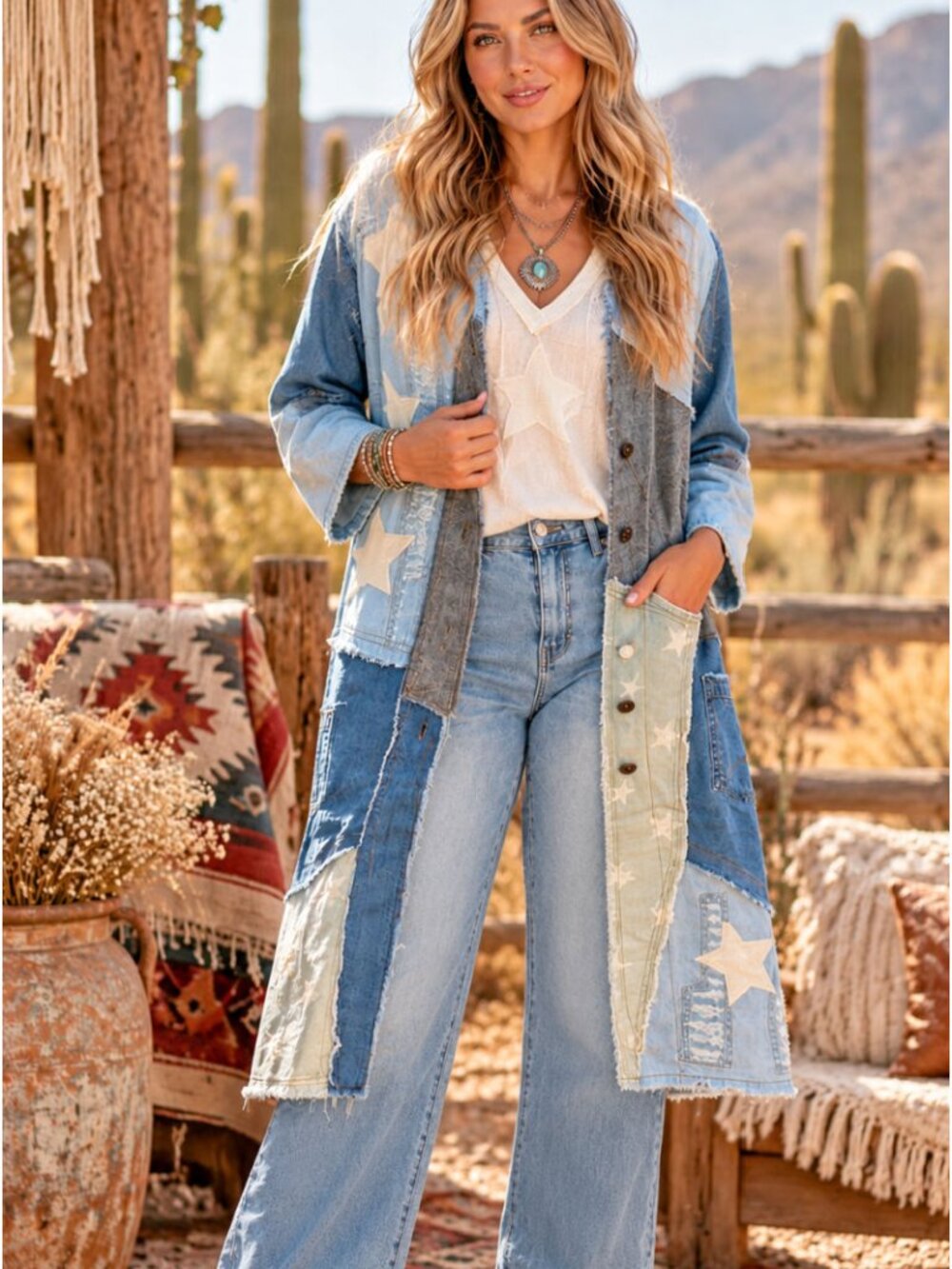 Paper Lace Star and Abstract Print Denim Jacket